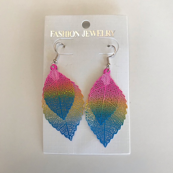 Boho Rainbow Natural Leaf Earrings - Picture 2 of 3